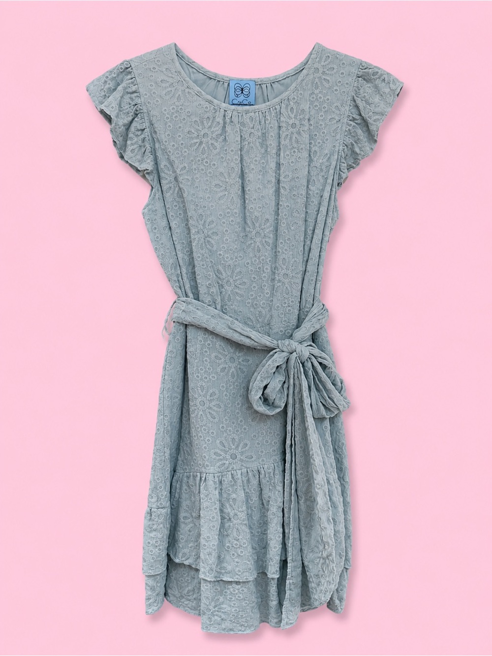 CeCe - Light Blue Eyelet Belted Dress. Size 8.